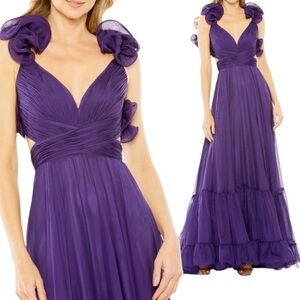 Mac Duggal Gown 67911 Women Size 2 Purple Ruffle Tiered Chiffon Maxi Cut Out